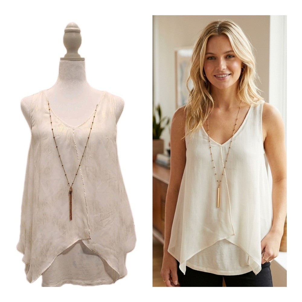 Abstract Sleeveless Mixed Media Metallic Layered Handkerchief Tank Shirt Size L